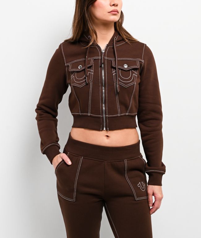 True Religion Big T Shrunken Burlwood Crop Zip Hoodie