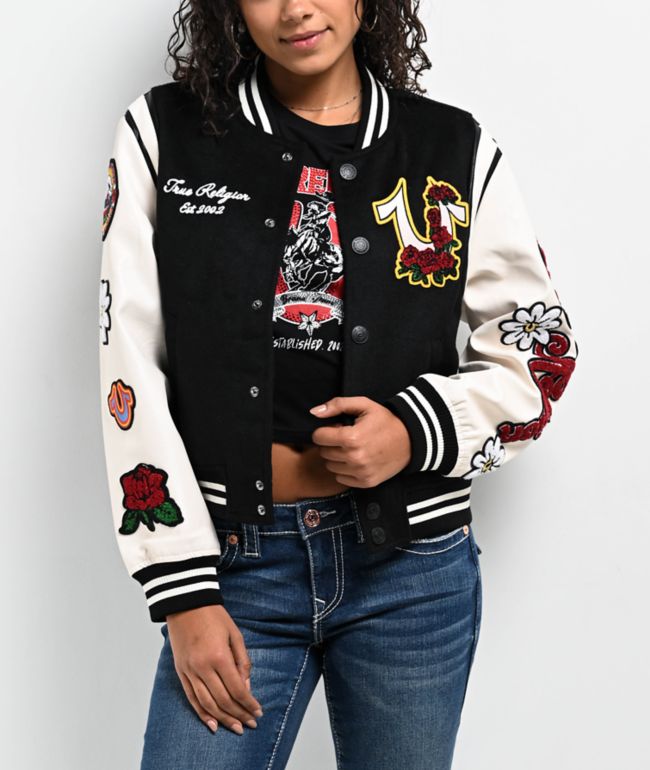 True Religion Black & Cream Embroidered Varsity Jacket