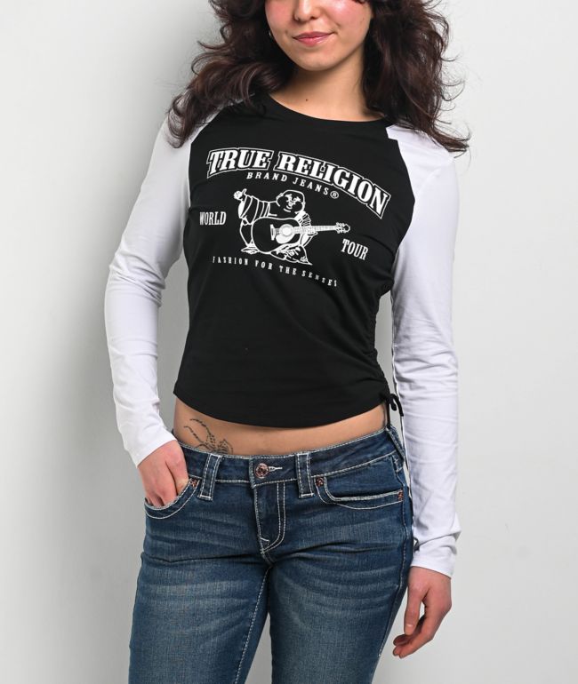 True Religion Black & White Raglan Asymmetrical Long Sleeve T-Shirt