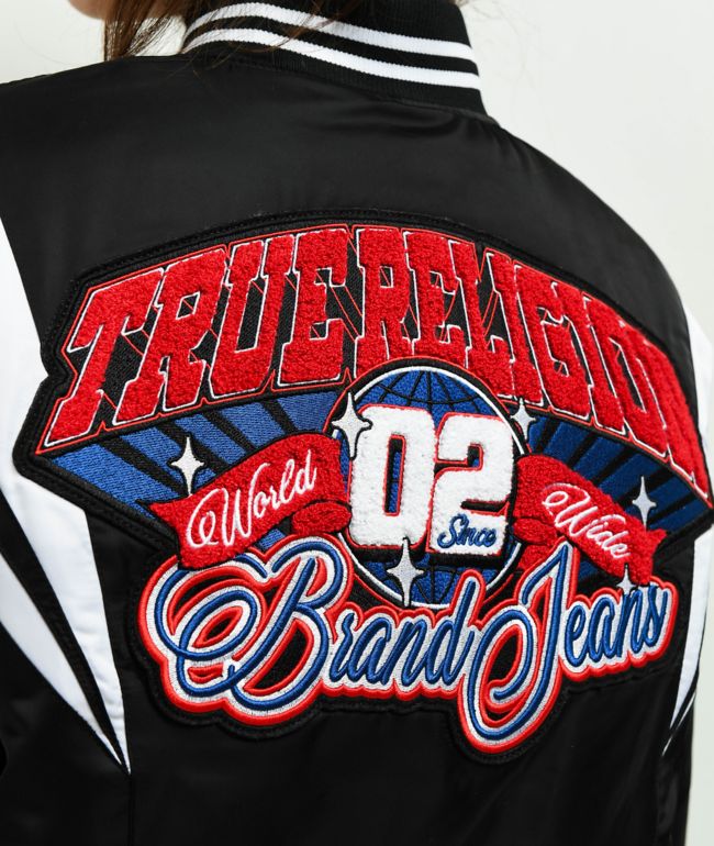 True Religion Black Satin Varsity Bomber Jacket - thumbnail 3