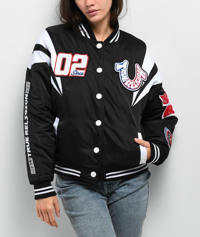 True Religion Black Satin Varsity Bomber Jacket - thumbnail 2