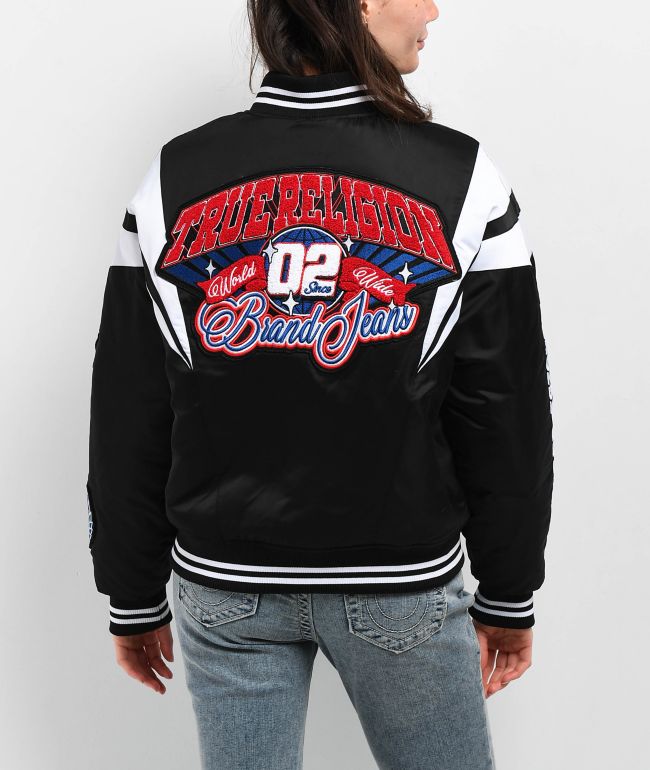 True Religion Black Satin Varsity Bomber Jacket