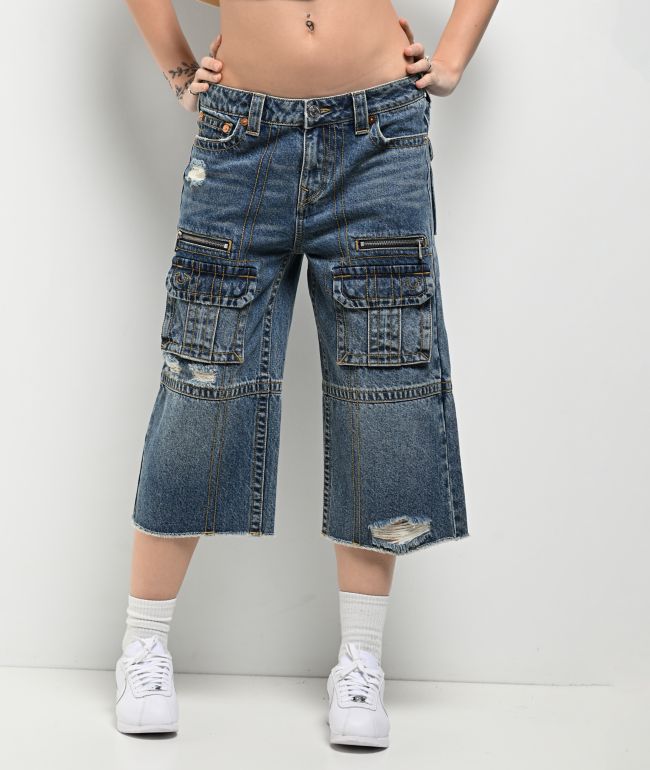 True Religion Bobbi Easy Hazel Wash Baggy Cargo Denim Shorts