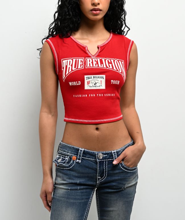 True Religion Buddha Patch V Notch Red Crop T-Shirt