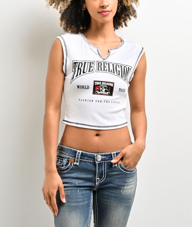 True Religion Buddha Patch V Notch White Crop T-Shirt