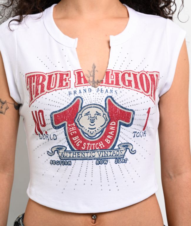 True Religion Buddha V Notch White Crop T-Shirt - thumbnail 3