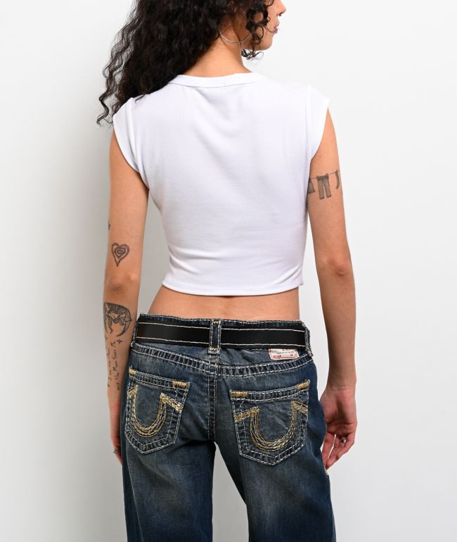 True Religion Buddha V Notch White Crop T-Shirt - thumbnail 2