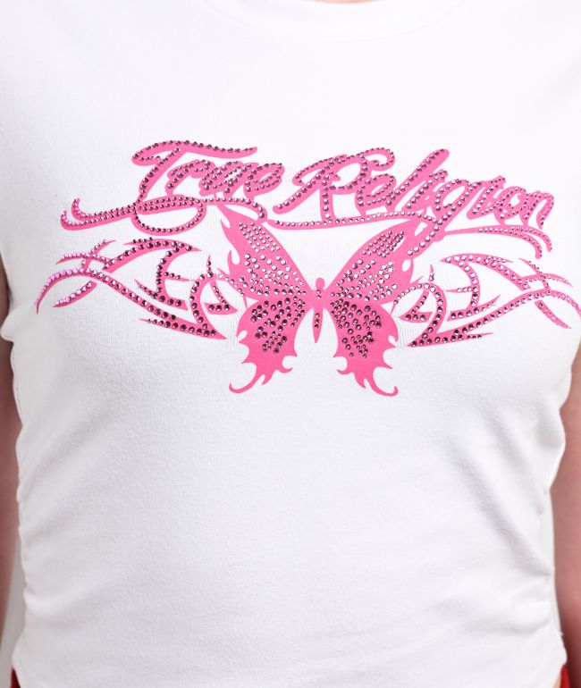 True Religion Butterfly Ruched White Crop T-Shirt - thumbnail 3