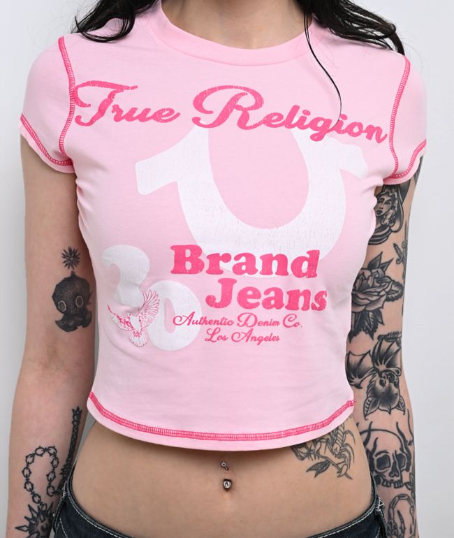 True Religion Cap Sleeve Pink Crop T-Shirt - thumbnail 3