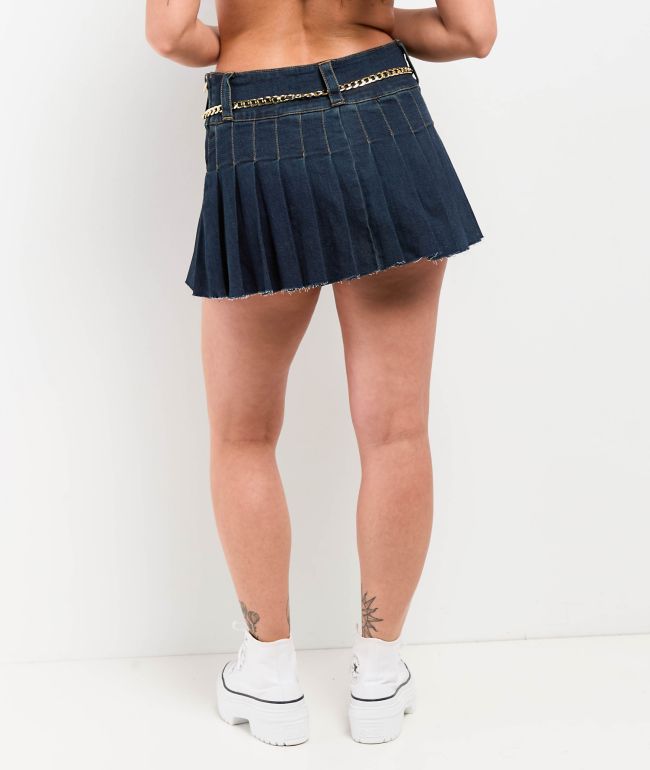 True Religion Chain Belt Dark Blue Pleated Mini Skirt - thumbnail 2