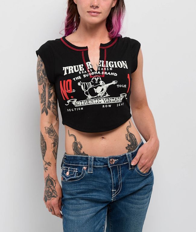True Religion Contrast Buddha V Notch Black Crop T-Shirt