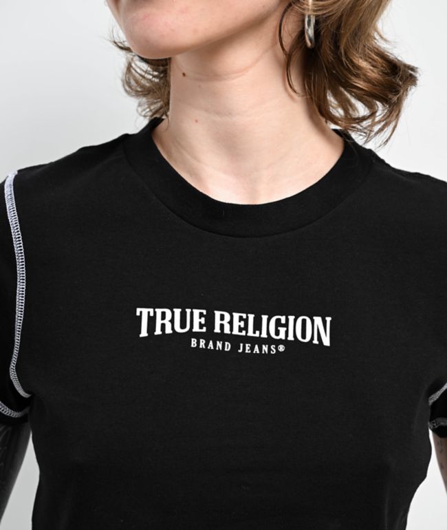 True Religion Contrast Stitch Black Crop T-Shirt - thumbnail 3