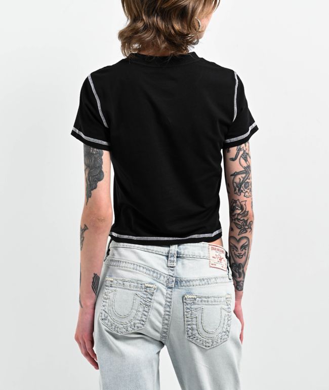 True Religion Contrast Stitch Black Crop T-Shirt - thumbnail 2