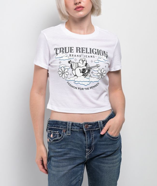 True Religion Crystal Buddha Burnout White Crop T-Shirt