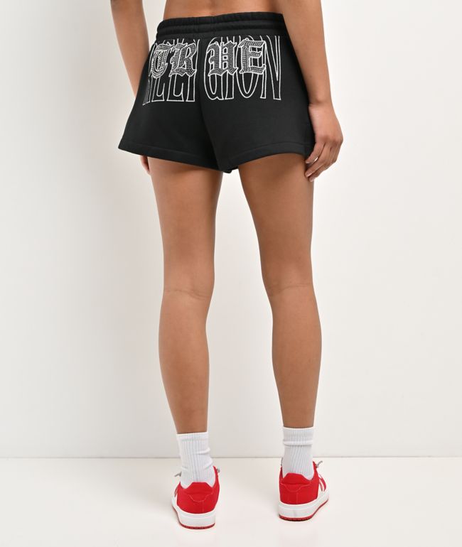 True Religion Crystal Embroidered Black Sweat Shorts - thumbnail 2