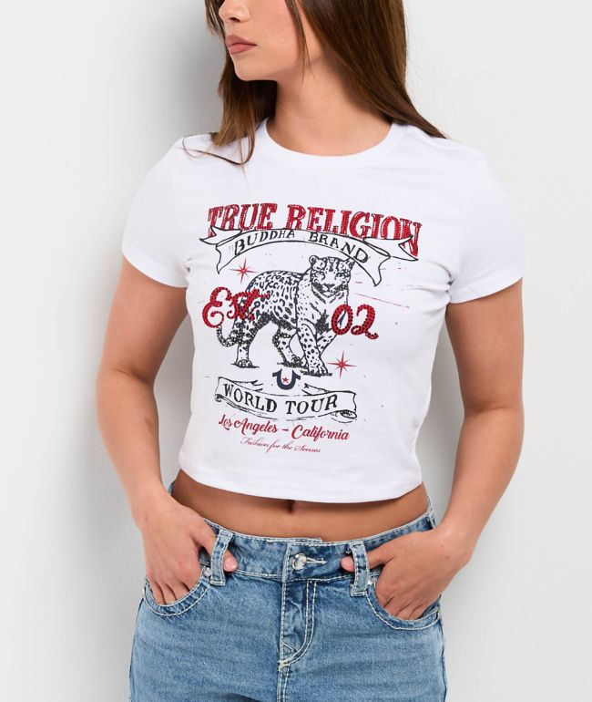 True Religion Crystal Leopard White Crop T-Shirt