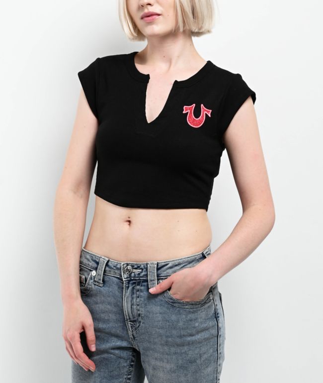 True Religion Crystal Logo Black Notch Rib Crop T-Shirt