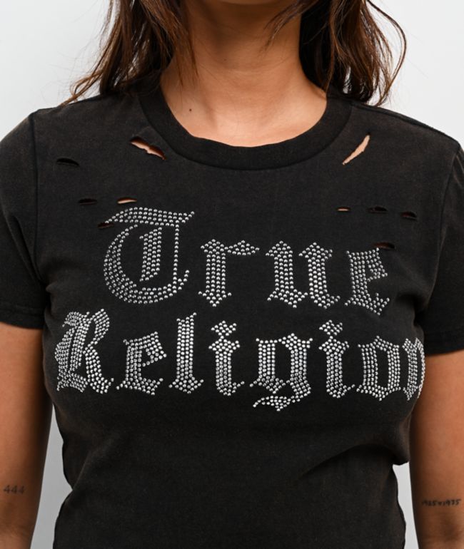 True Religion Crystal Logo Distressed Black Wash T-Shirt - thumbnail 3