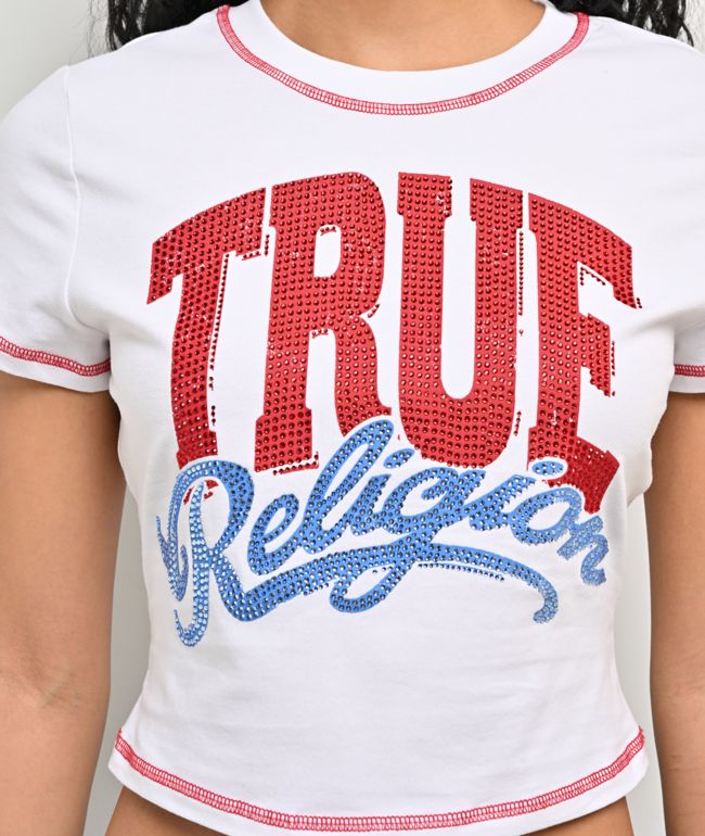 True Religion Crystal Logo White Crop T-Shirt - thumbnail 3