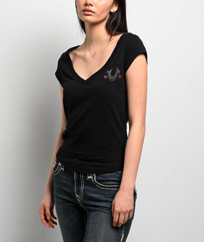 True Religion Crystal Low Plunge Black T-Shirt - thumbnail 2