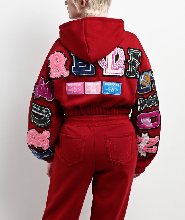 True Religion Crystal Patch Shrunken Red Crop Zip Hoodie - thumbnail 2