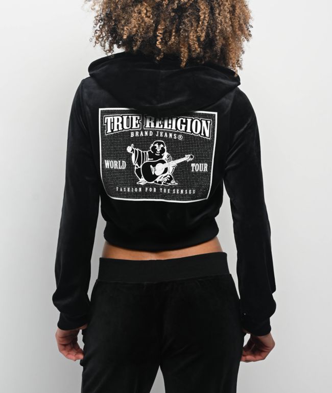 True Religion Crystal Shrunken Black Velour Zip Hoodie