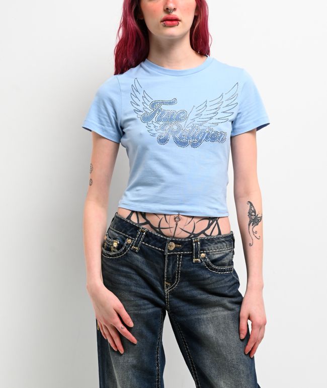 True Religion Crystal Wings Blue Crop T-Shirt