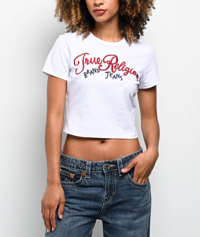 True Religion Embroidered Logo White Crop T-Shirt