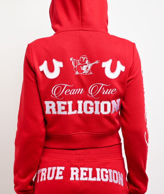 True Religion Embroidered Shrunken Red Crop Zip Hoodie - thumbnail 3