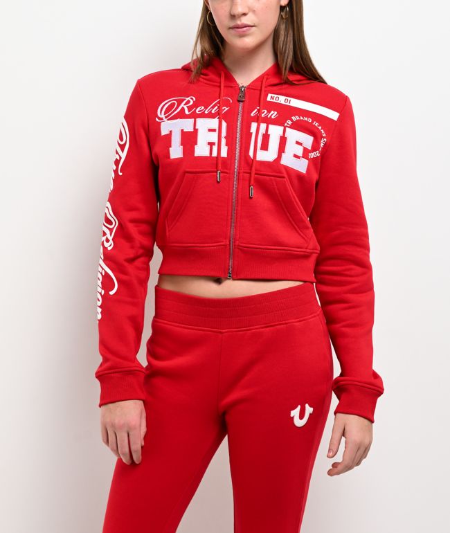 True Religion Embroidered Shrunken Red Crop Zip Hoodie - thumbnail 2