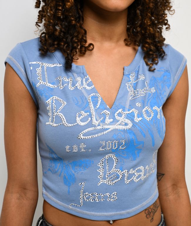 True Religion Endless Sky V Notch Ribbed Blue T-Shirt - thumbnail 3