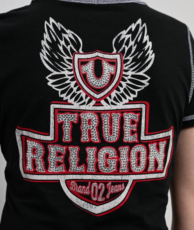 True Religion Flatlock Winged Crystal Logo Black Crop T-Shirt - thumbnail 3