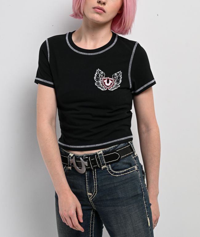 True Religion Flatlock Winged Crystal Logo Black Crop T-Shirt - thumbnail 2
