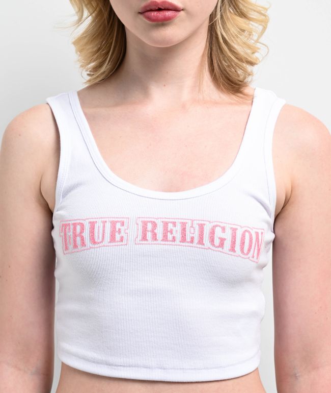True Religion Glitter Flocked TR Logo White Crop Tank Top - thumbnail 3