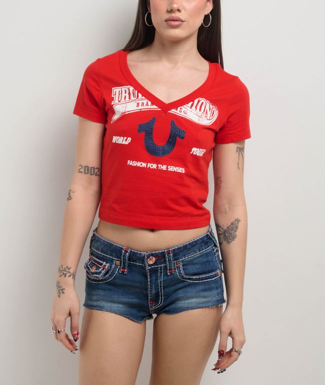 True Religion Horseshoe V-Neck Scarlet Crop T-Shirt