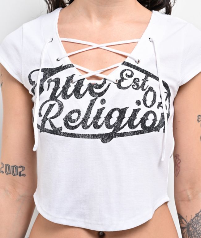 True Religion Lace Up White Crop T-Shirt - thumbnail 3