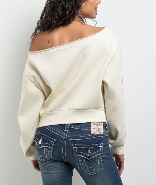 True Religion Off Shoulder Winter White Crewneck Sweatshirt - thumbnail 2
