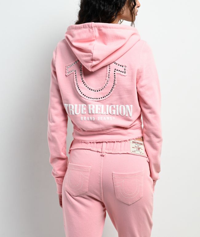 True Religion Raw Edge Shrunken Big T Candy Pink Crop Zip Hoodie
