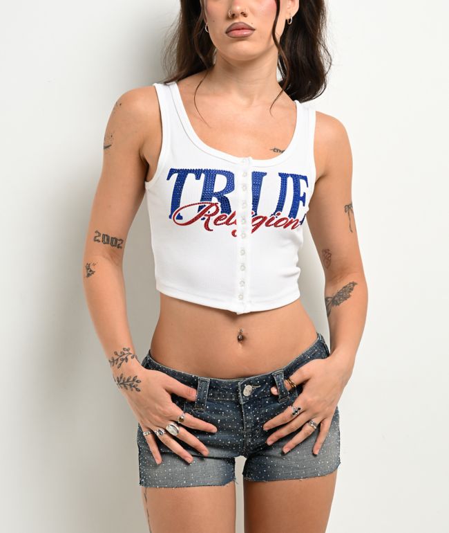 True Religion Ribbed White Button Up Crop Tank Top