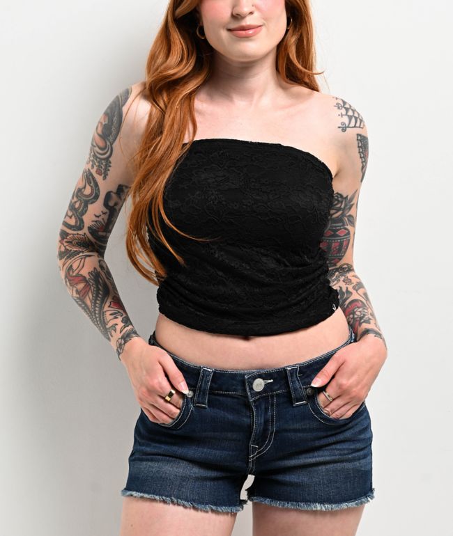 True Religion Ruched Black Lace Tube Top