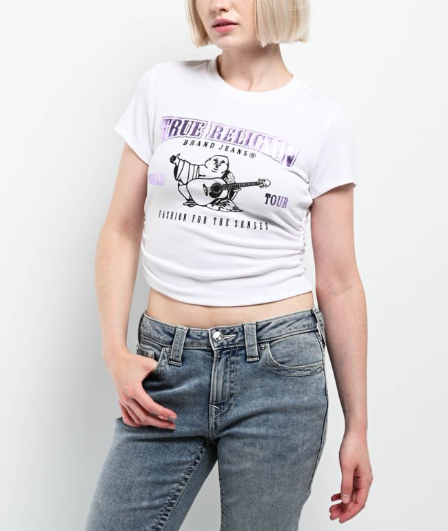 True Religion Ruched Metallic Logo White Crop T-Shirt