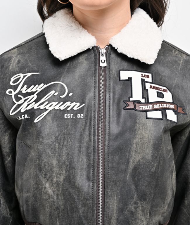 True Religion Sherpa Collared Washed Brown Crop Aviator Jacket - thumbnail 3