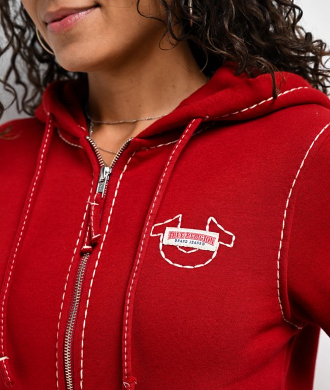 True Religion Super T Fleece Ruby Red Crop Zip Hoodie - thumbnail 3