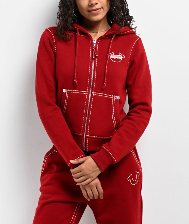 True Religion Super T Fleece Ruby Red Crop Zip Hoodie - thumbnail 2