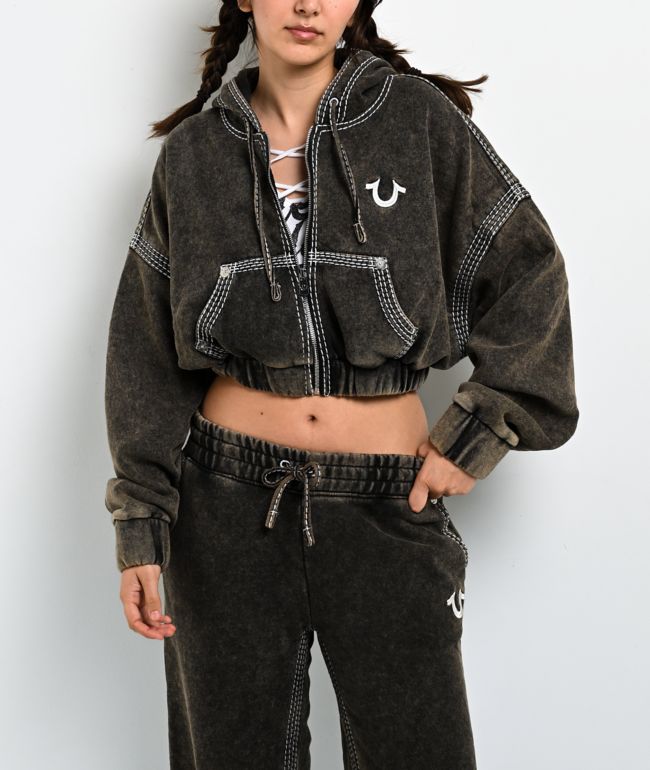 True Religion Super T Rust Brown Wash Crop Zip Hoodie