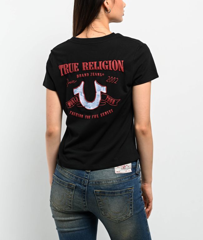 True Religion Tropical Denim Horseshoe Black V-Neck T-Shirt