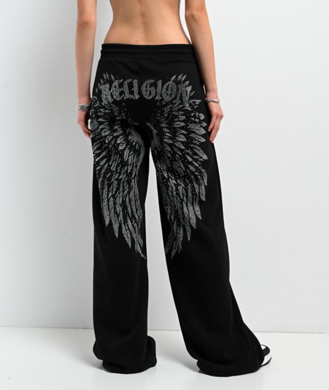 True Religion Winged Crystal Black Baggy Sweatpants