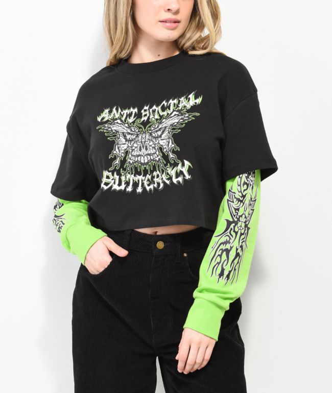 Vitriol Alexie Butterfly Green & Black 2fer Long Sleeve T-Shirt