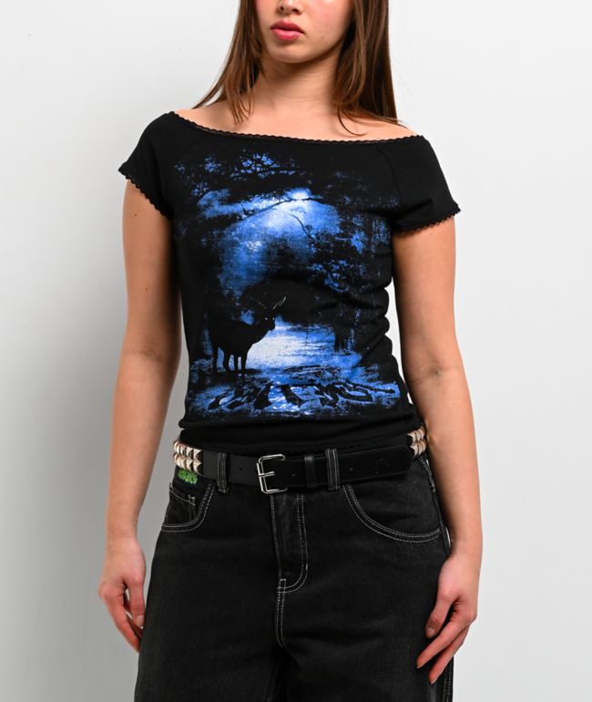 Vitriol Bella Off Shoulder Black Crop T-Shirt - thumbnail 3