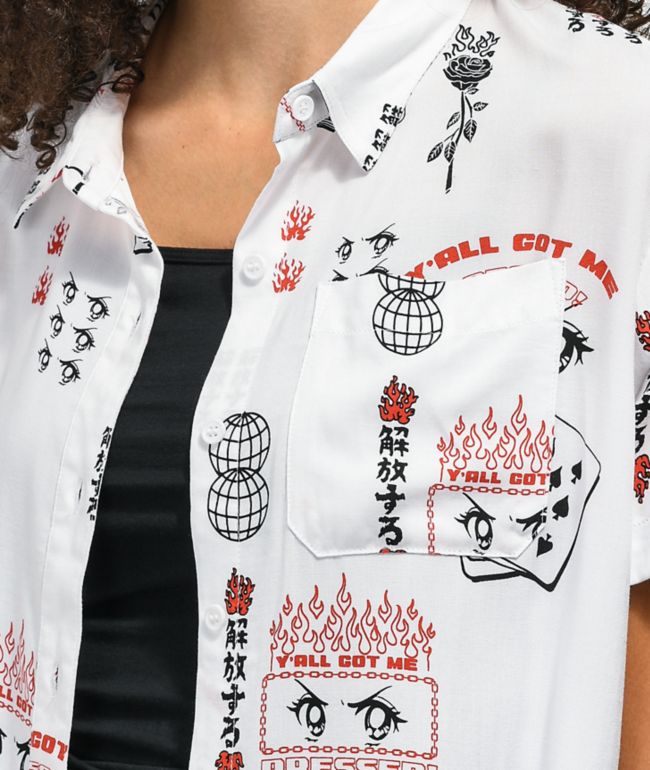 Vitriol Caedia Allover Anime Print White Short Sleeve Button Up Shirt - thumbnail 3